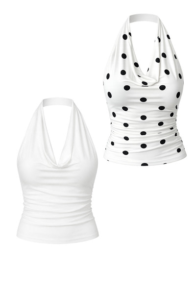 Merci Women's Degaje Collar Crop 2-Piece Set (Black-White Polka Dot, White)