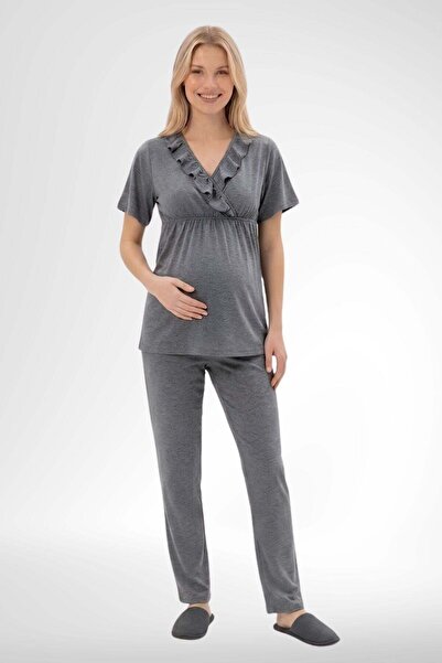 Mecit Pijama Mecit 6403 Füme Sabahlıklı Lohusa Pijama Takımı