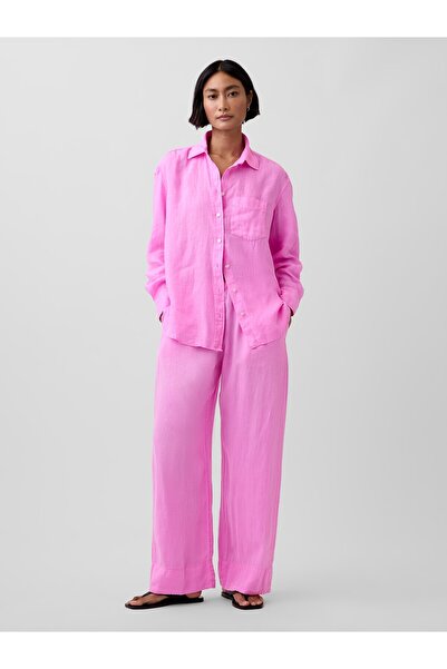 GAP Kadın Pembe Keten Karışımlı Easy Wide-Leg Pantolon