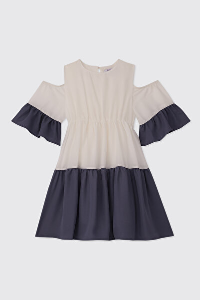 Panço Girl's Ecru-Indigo Dress