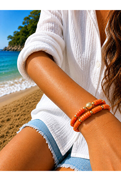 COCOSH TAKI Orange Wooden Beaded Multi-Combination Bracelet with Gold Details