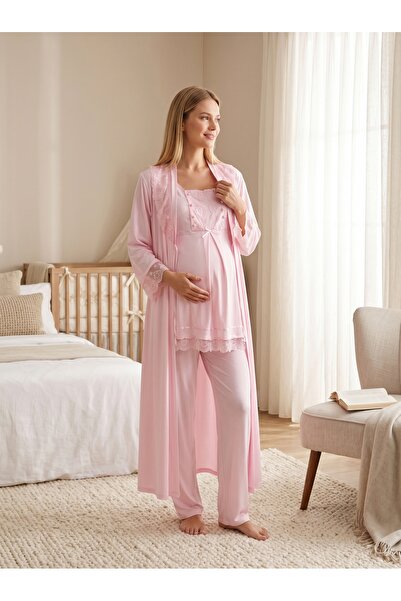 Lohussa New Season Pink Summer Long Dressing Gown Lace Detailed Design Button...