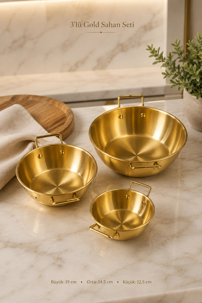 Tilbe Home 3lü Gold Metal Çift Kulplu Sahan Tava Seti Kahvaltılık Meze Menemen Mutfak Sofra Sunum Kabı Seti