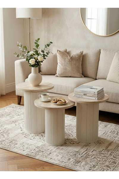 Future Decor Home Nova 3'lü Zigon Sehpa Seti - Traverten Desenli, Beyaz Flüt ...
