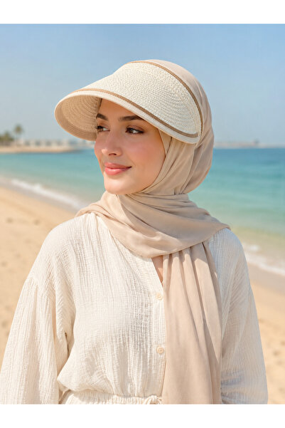 RAİR BEAUTY High Quality Imported Striped Straw Visor Cream Hat Suitable for Tesettüre Summer Hat Crown-Shaped Sun Protection