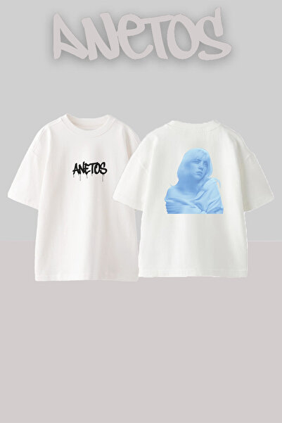 Anetos Billie Eilish_73 Λευκό μπλουζάκι με τυπωμένο σχέδιο Unisex Oversize