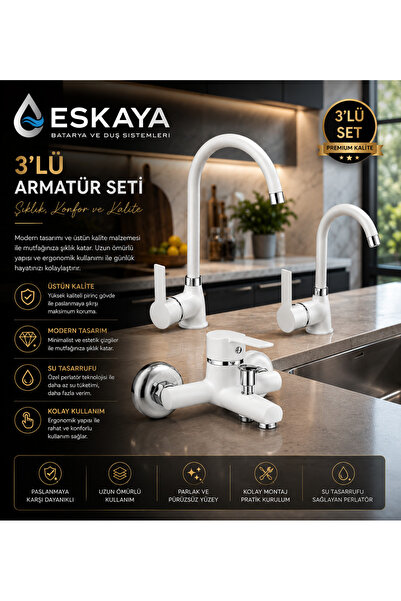 ESHOME Beyaz Delta Eviye mutfak — lavabo Banyo bataryası 3 lü set
