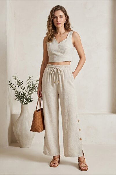 clavia Linen Palazzo Cut Comfortable Fit Summer Women's Trousers, High Waist ...