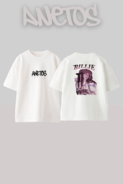Anetos Billie Eilish_74 dizajn, štampana unisex majica prevelikog kroja, bela
