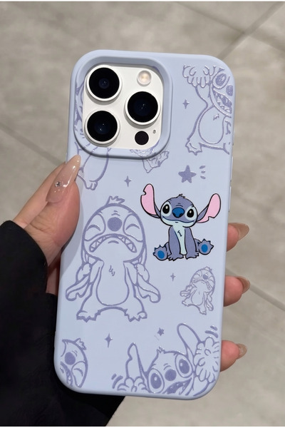 KVK PRİVACY iPhone 16 Pro Uyumlu Stitch Desenli Bebe Mavi Kadifemsi Soft Touc...