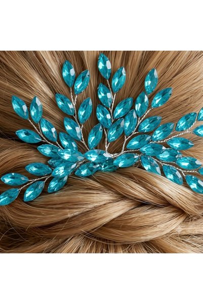 gelinmz Blue Crystal Leaf Design Bridal Hair Comb – Handmade Hair Accessory