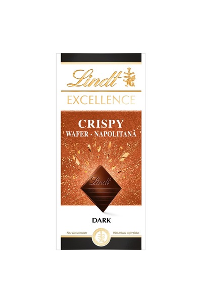 Lindt Excellence Crispy Wafer Dark, шоколадов бар, черен, с вафлена хапка, 100 г