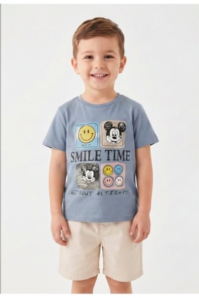 MAVİ BONCUKK Boy's Smile Printed T-Shirt and Shorts Set
