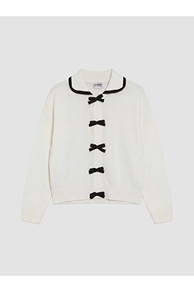 LC Waikiki Lcw Kids Ecru Bow Detailed Girls' Knitwear Cardigan