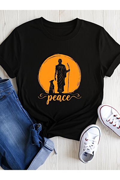 LİNA06 تي شيرت بتصميم فني بسيط على طراز الزن، يتميز برسومات Walk Peace Monks ...
