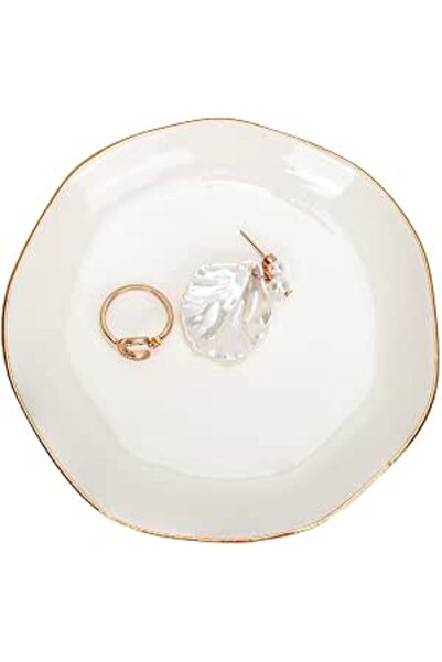 Arabest Gold Rim Ceramic Jewelry Tray, Round Decor Trinket Storage Dish