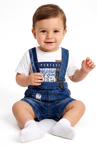 bebegen Baby Boy White Blue Percect Text Printed Denim Salopet 2-Piece Set