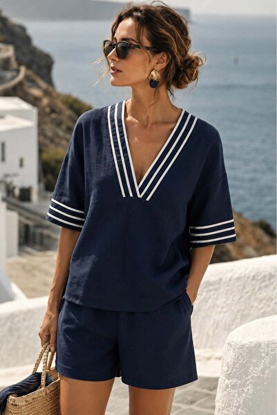 Madmext Navy Blue V-Neck Women's Shorts Set with Stripe Detail Mg2865