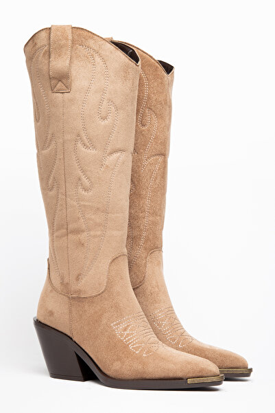 DENORA Mink Camel Matte Suede Metal Toe Cap Below the Knee Embroidered Wester...