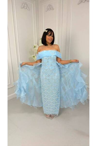 Nice Model Sky Blue Evening Dress with Beaded Embroidery
