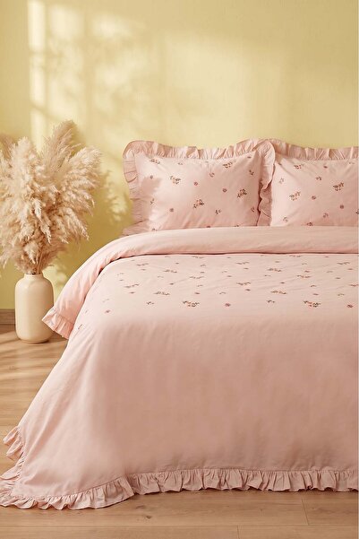 Rivaİstanbul طقم غطاء لحاف من القطن بنسبة 100% من Pink Daisy Glow - 4 قطع