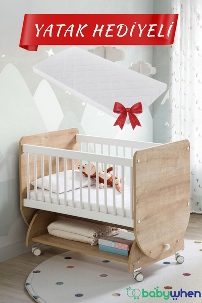 Babywhen BEBEK BEŞİK SALLANIR TEKERLEKLİ - AHŞAP - 50X90 CM - YATAK HEDİYELİ