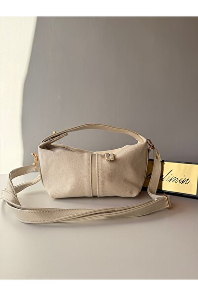 emelimin Women's Cream Canvas Leather Detailed Shoulder Bag Striped Classic H...