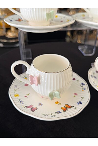 LOKMAN ZÜCCACİYE SHOWROOM Porcelain Butterfly Embossed Coffee Cup Set for 6 P...