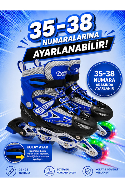 POZART Işıklı Tekerli Paten 35-38 Ayak Numarasına Ayarlanabilir 4Tekerli