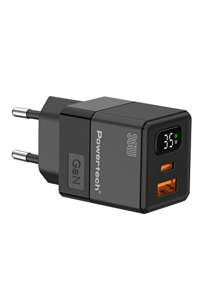 POWERTECH φορτιστής τοίχου PT-1499 με οθόνη, USB/USB-C, 35W, GaN, μαύρος