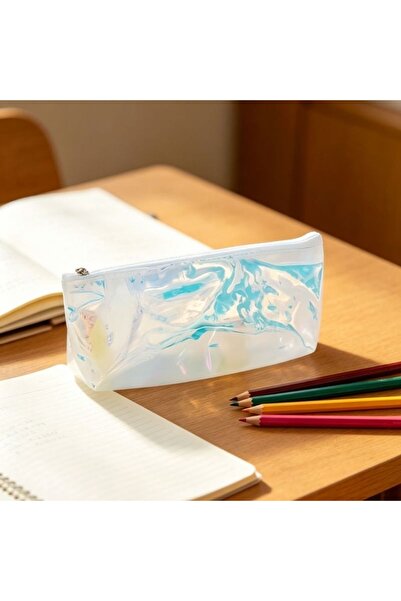 idei Portpix Trapezoidal PVC Transparent Holografic Alb-Albastru cu Fermoar M...