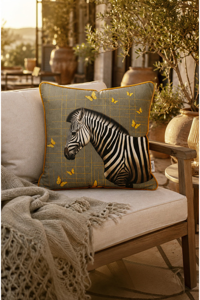 CANİLA Zebra Patterned Ethnic Velvet Piping Luxury Cushion Cover 45X45Cm 1 Piece