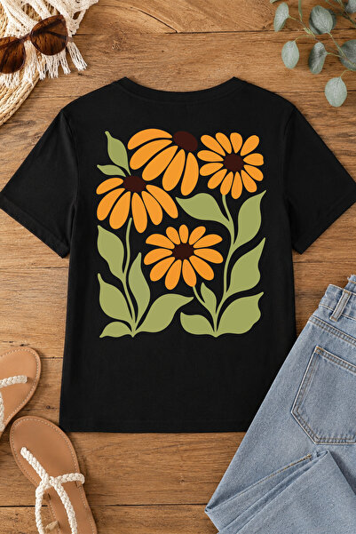 Spoyi Retro Daisy Design 100% Cotton Half Oversize Black T-Shirt
