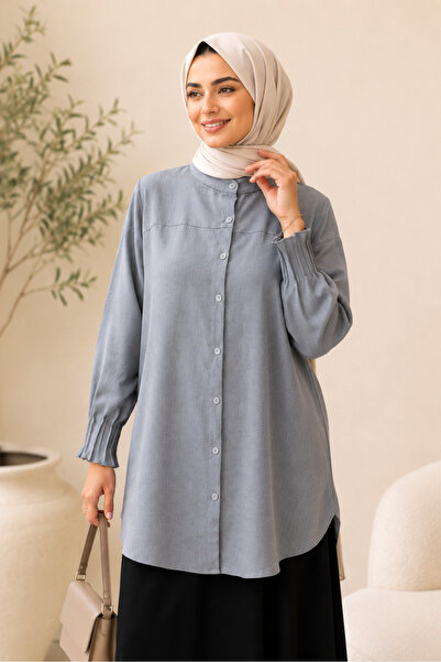 SADEL Oversize Kol Manşeti Drapeli Gömlek - Gri