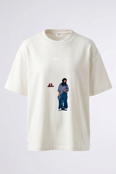 Anetos Billie Eilish_96 dizajn, štampana unisex majica prevelikog kroja, bela