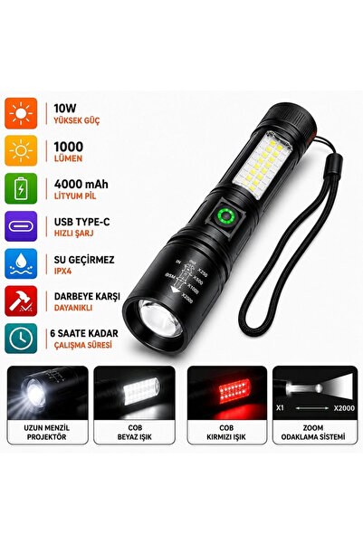 Yenimiyeni Şarjlı Zoomlu El Feneri 1000 Lümen 10W Cob Yan Işık Çakar Mod Suya...