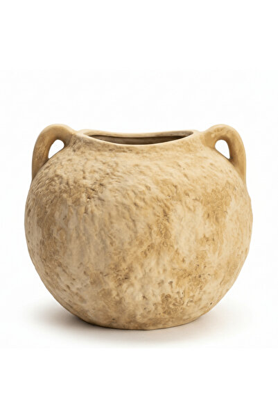 AKDC Beige Ceramic Vase with Dual Handles | Rustic Textured Finish | Round Bu...