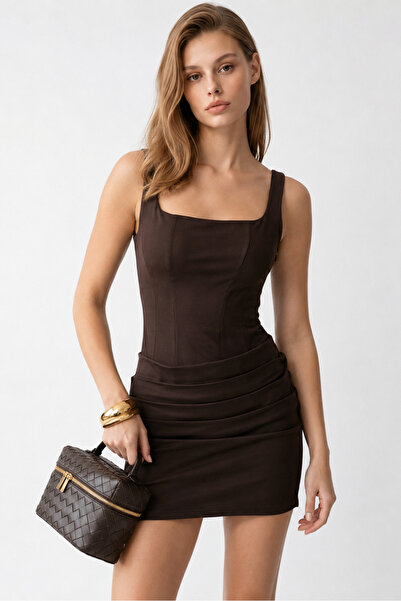 Mixray 2139 Women's Cornelia Corset Lace-Up Draped Strap Mini Dress Coffee