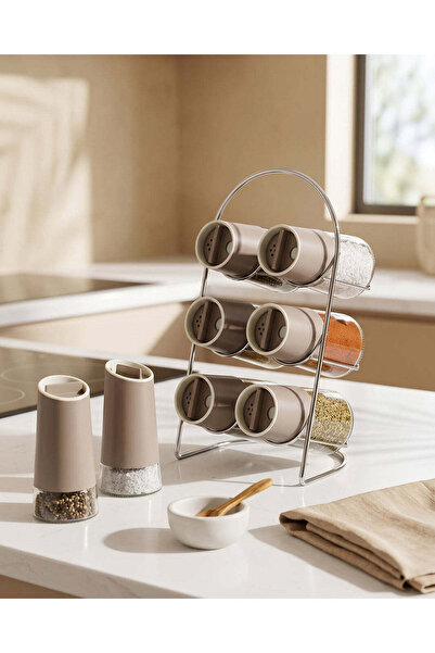 REDTAG Grey Glass Spice Jar Set With Metal Stand Set (7 Piece)