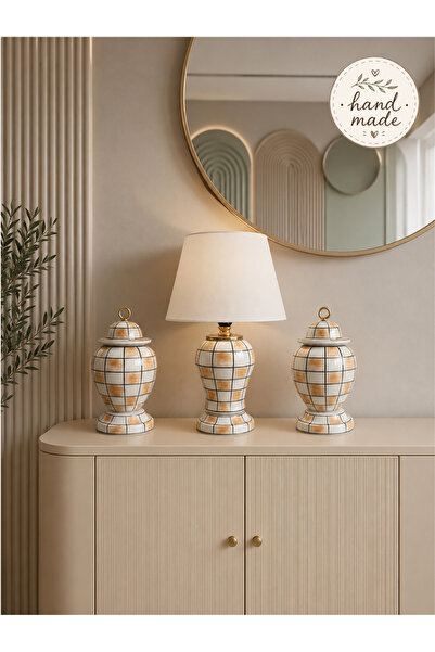 daiza home Dekoratif Hand Made El İşi Salon Seti Sultan Küp Abajur Şah Damalı...