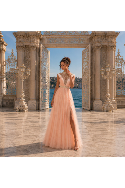 TARIK EDİZ Rochie de seara blush lunga in clos din tulle cu perle