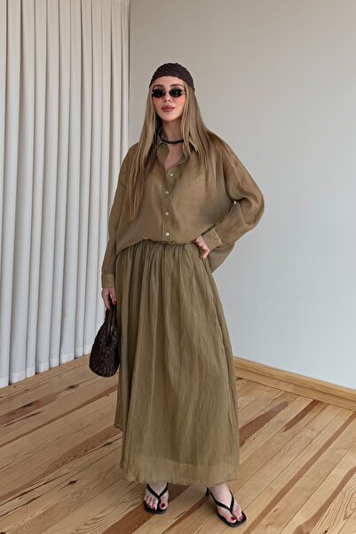 Laluvia Olive Crinkled Shirt Skirt Set - 51159