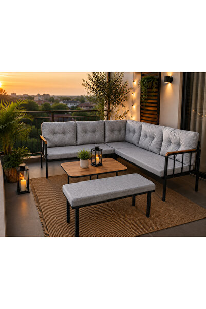 todek home Riva Metal Bahçe Balkon Köşe Takımı Siyah Boyalı İskelet Keten Kum...
