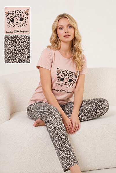 CottonVia Women's Pajama Set, 100% Cotton, Short Sleeve, Crew Neck, Leopard P...