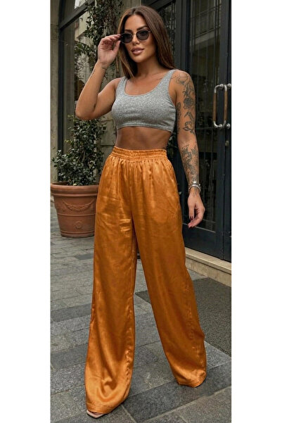 MONAMORE Women's Wide-Leg Satin Trousers with Elastic Waist