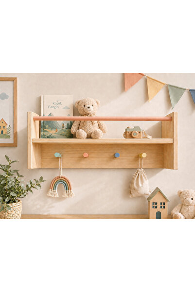 Doğal Ahşap Montessori Çocuk Odası Duvar Rafı & Askılık - 50cm
