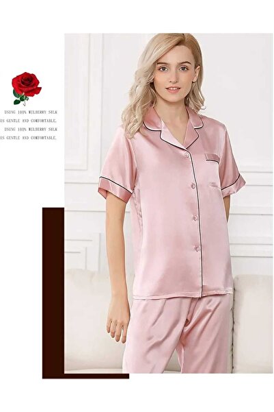 Genenic Luxury Satin Women's Pajamas Button-Down Shirt and Long Pants Set