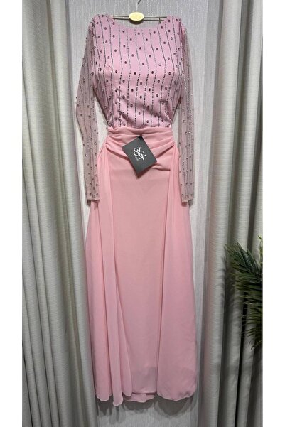 Jood Soft Embroidery Evening Dress Long Length Gown with Sheer Sleeves