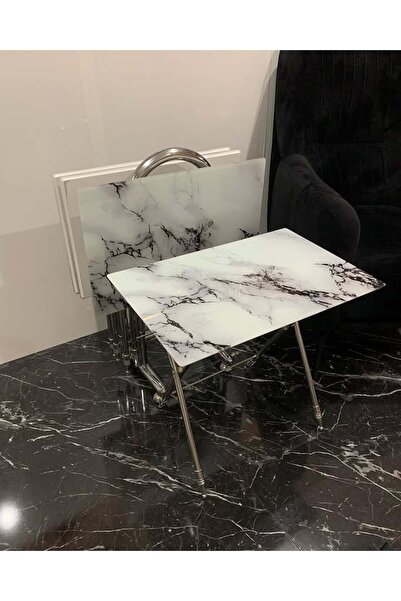 MOONLİGHT Milas Çanta Zigon Sehpa 4lü Beyaz Mermer Desenli Taşınabilir Katlan...