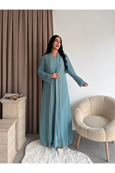 Missrosemoon Yeni Sezon Büyük Beden Tesettür 2’li Elbise Takım –Taş Detaylı U...